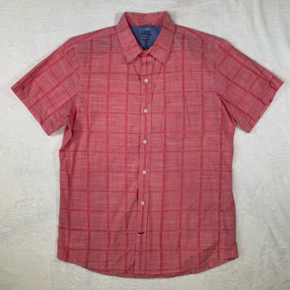 IZOD Saltwater Mens Pink Plaid Button Down Shirt Size Medium‎ M Relaxed Classics